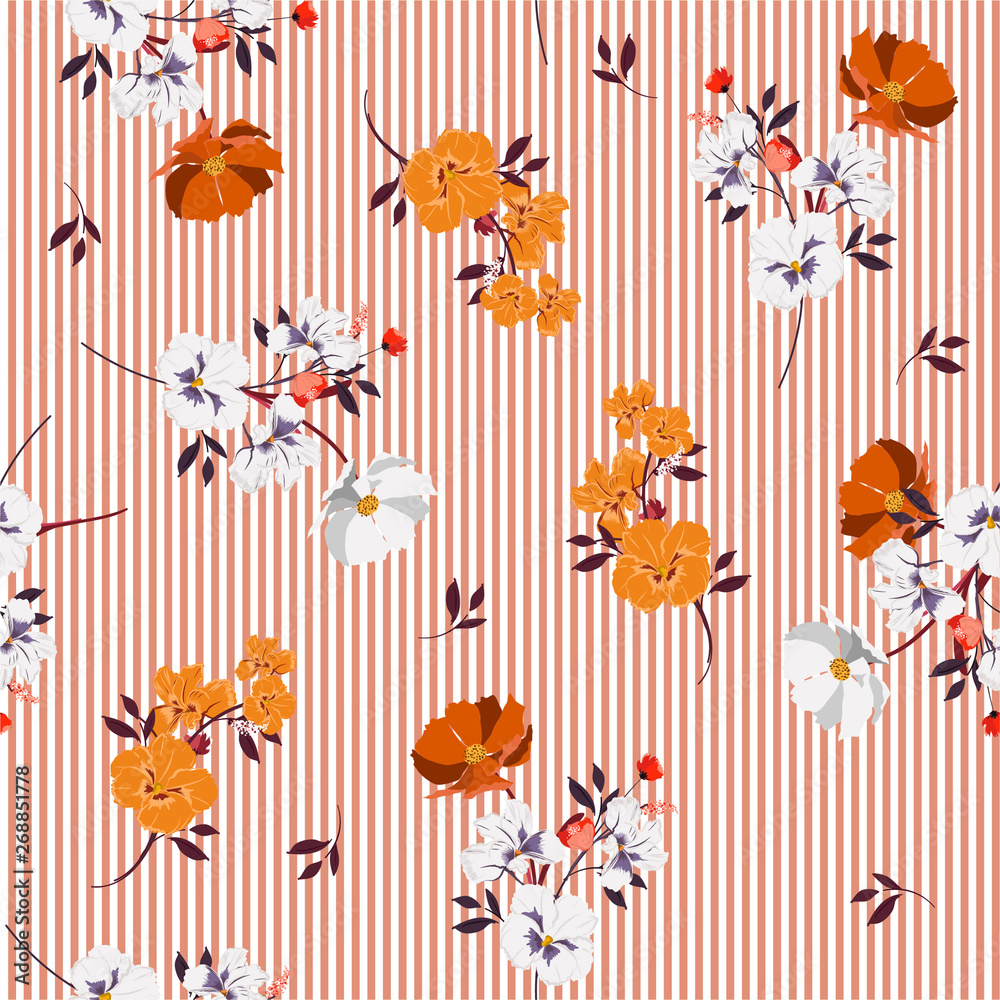 Summer full of blooming flowers and leaves bright mood on orange stripe seamless pattern