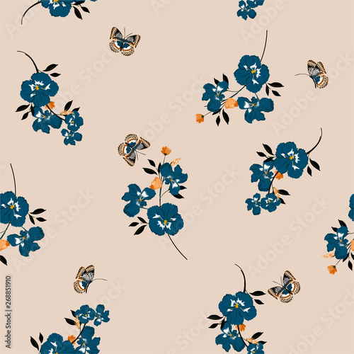 Seamless pattern on vector  vintage pansy flowers  with butterflies soft and gentle  design for fashion,fabric,wallpaper and all prints