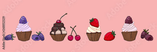Decor with tasty delicious cupcakes with berries in modern design illustration