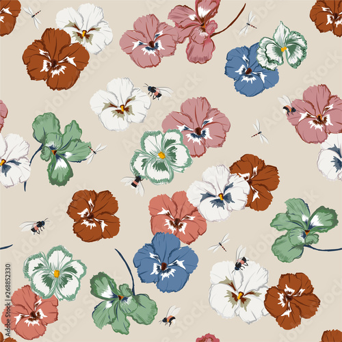 Seamless pattern in vectorRetro ans sweet pansy flower  with dragonfly and bumble bess ,Design for fashion,fabric,web,wallpaper,and all prints