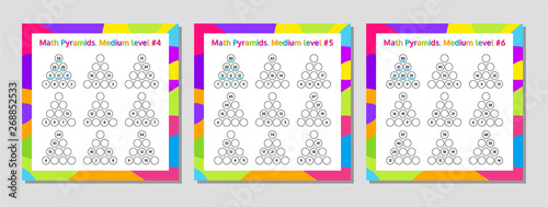 Math Pyramid Educational Game Worksheet Set. Mathematics puzzle. Vector Illustration.