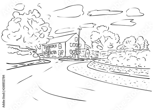 Vector illustration, suburban landscape with trees, house and road in black and white colors, outline hand painted drawing
