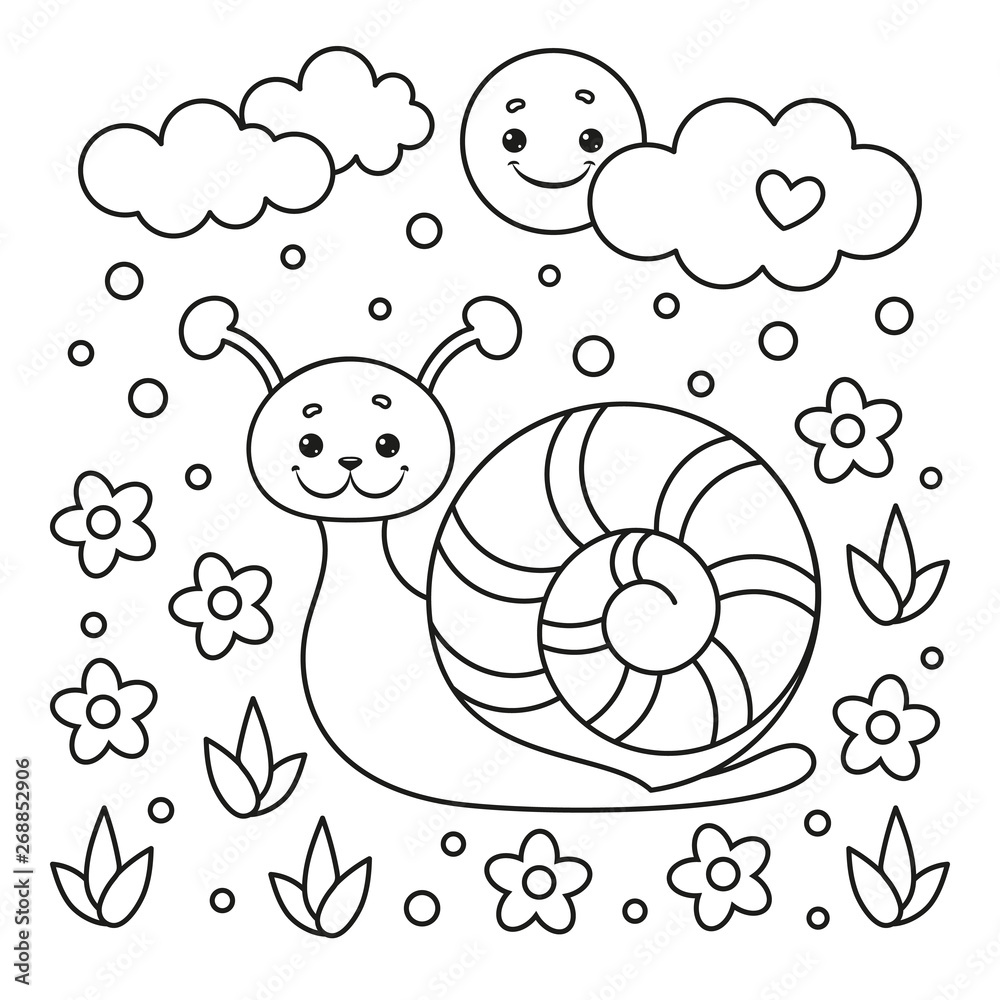 Coloring Page For Kids With Snail Flower Sun Clouds And Rain Vector