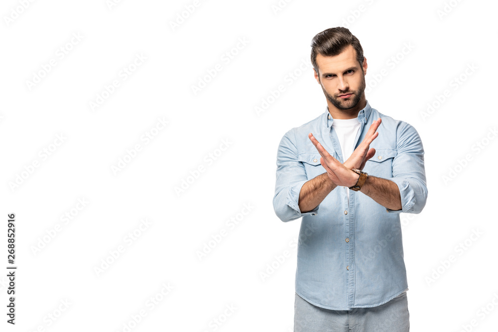 man showing stop sign and looking at camera Isolated On White man showing stop sign and looking at camera Isolated On White