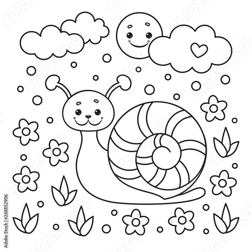 Coloring page for kids with snail, flower, sun, clouds and rain. Vector Illustration.