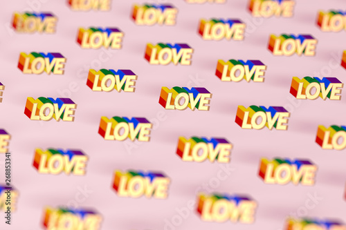 Closeup shot on Golden LOVE word with rainbow outline pattern. June as a month of gay pride and love concept. Isolated on pink background. 3D rendering