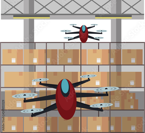 Drones in warehouse cartoon