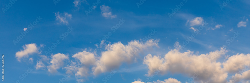 Fototapeta premium Clouds and blue sky background. Blue sky background with clouds. Beautiful clouds with blue sky background. Nature weather, cloud blue sky and sun.