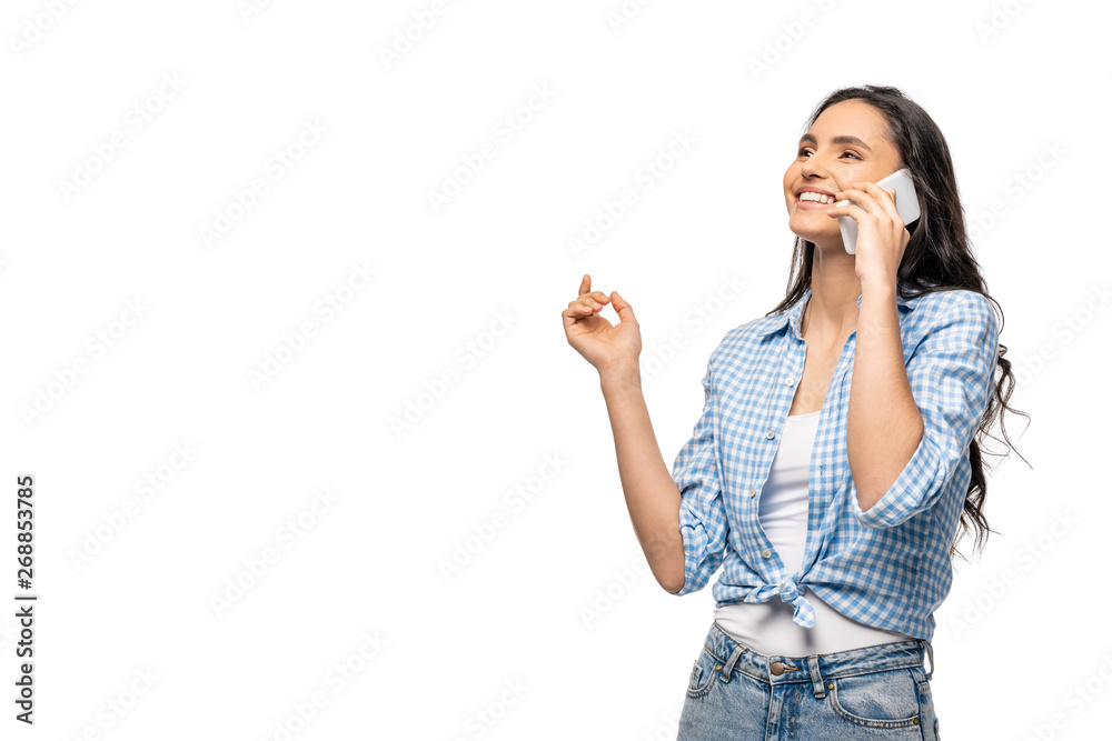 happy girl talking on smartphone Isolated On White with copy space happy girl talking on smartphone Isolated On White with copy space