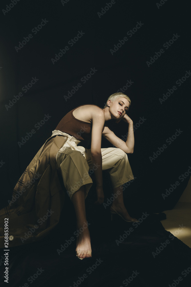 Fashion studio portrait of blonde stylish female. Fashion studio portrait of blonde stylish female.