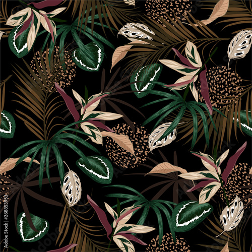 Dark Tropical jungle and colorful palm leaves, exotic palnts with animal skin seamless pattern vector floral  design for fashion,fabric,web,wallpaper,and all prints