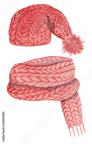 set of red knitted hat and scarf on a white background. watercolor illustration for design