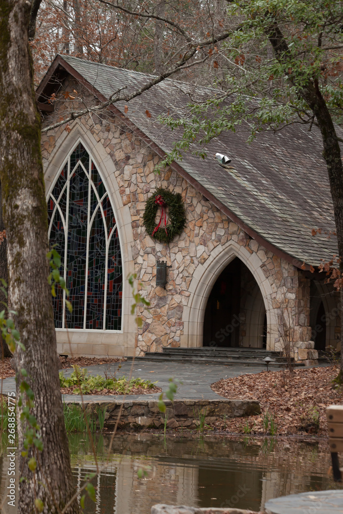 Stone Church with Christmas wreath