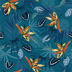 Deken met foto Tropische bloemen patronen Stylish  Seamless pattern vector dark Tropical jungle and monotone  palm leaves, exotic palnts with animal skin  floral  design  © MSNTY_STUDIOX