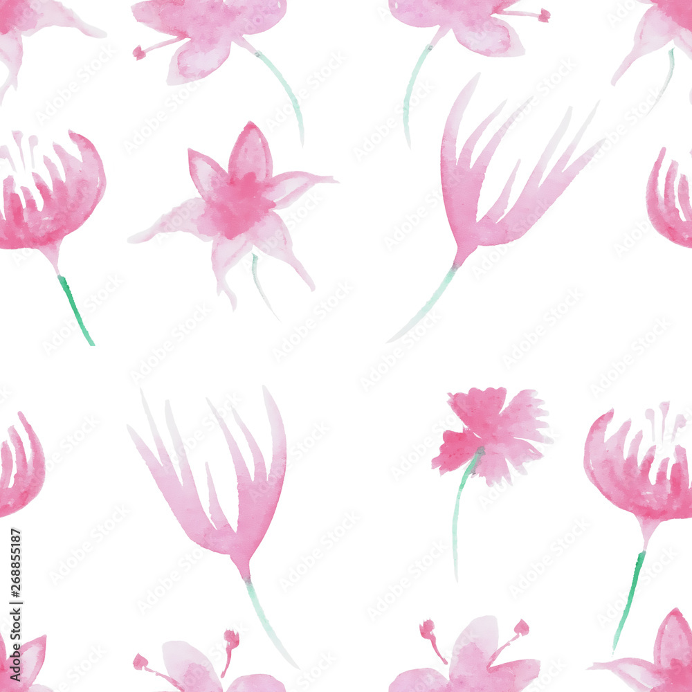 Watercolor floral seamless pattern in pink on a white background