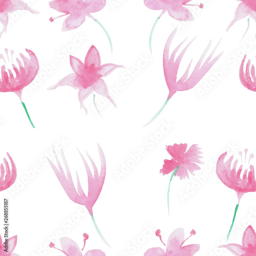 Watercolor floral seamless pattern in pink on a white background