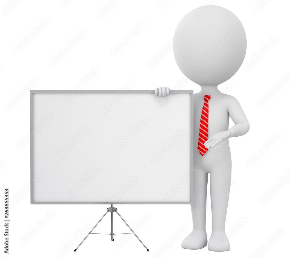 Cartoon character businessman in a red tie points to a blank board. 3d render illustration. Illustration for advertising. Cartoon character businessman in a red tie points to a blank board. 3d render illustration. Illustration for advertising.