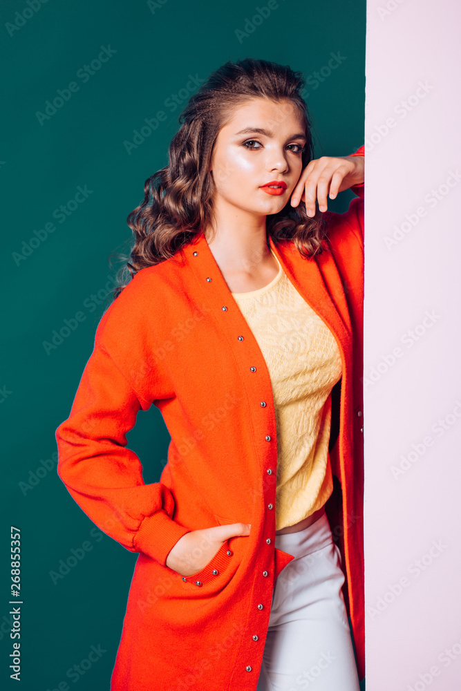 Expressing her overall look. Fashionable look of vogue model. Fashion girl  wear cute cardigan. Pretty girl. Young woman look trendy. Autumn fashion  trend. Casual knitted sweater design trend for fall Stock Photo