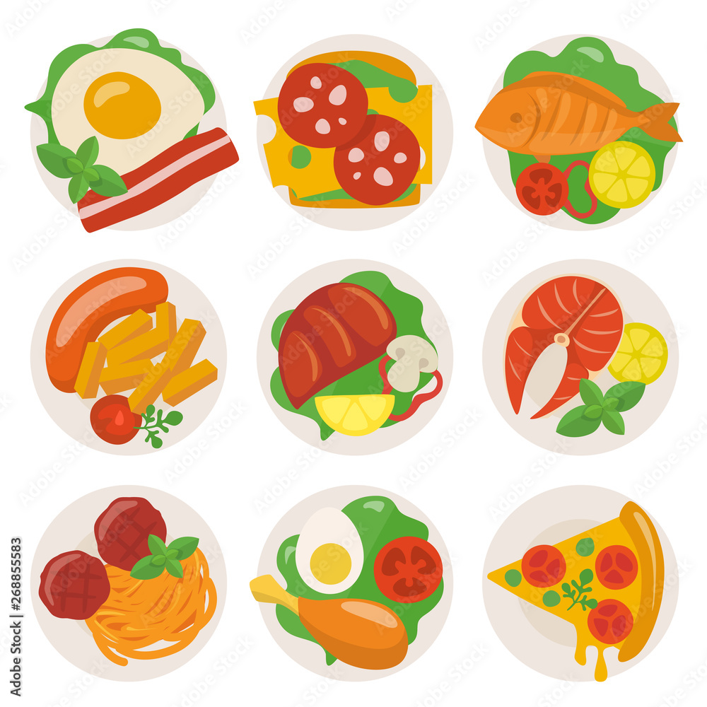 Vector food icons set meat and fish dishes Vector food icons set meat and fish dishes