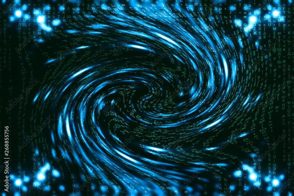 Blue green matrix digital background. Distorted cyberspace concept. Green characters fall down in wormhole. Hacked matrix. Virtual reality design. Complex algorithm data hacking. Cyan digital sparks. Blue green matrix digital background. Distorted cyberspace concept. Green characters fall down in wormhole. Hacked matrix. Virtual reality design. Complex algorithm data hacking. Cyan digital sparks.