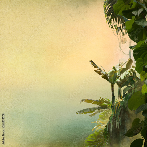 Tropical leaves frame vintage style on old paper with free space for your text, can be used as background