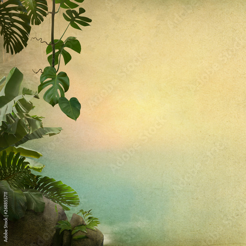 Tropical leaves frame vintage style on old paper with free space for your text, can be used as background
