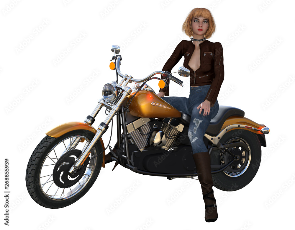 3d rendering of girl rider on motorcycle isolated on white background