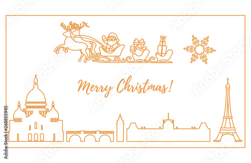 Santa Claus in sleigh with deers flying over Paris