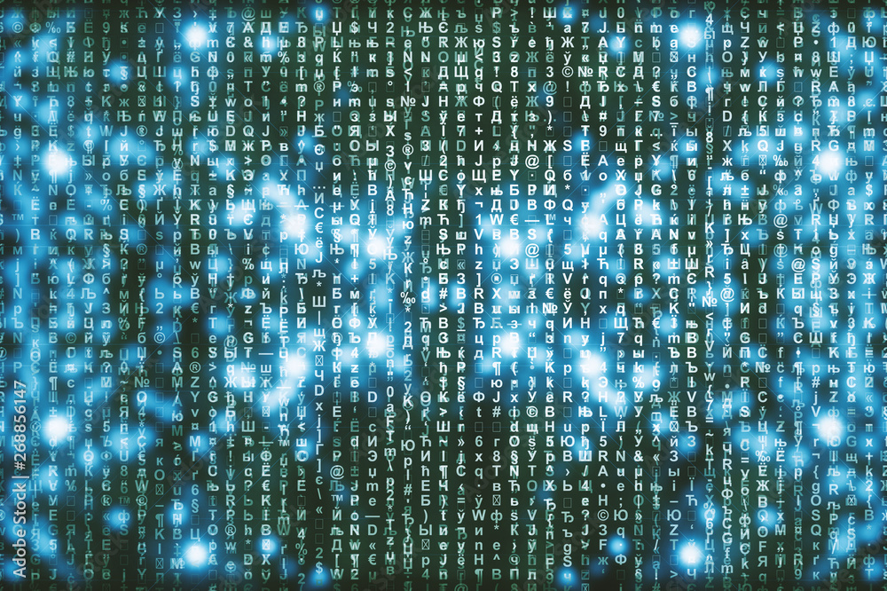 Blue green matrix digital background. Abstract cyberspace concept. Green characters fall down. Matrix from symbols stream. Virtual reality design. Complex algorithm data hacking. Cyan digital sparks. Blue green matrix digital background. Abstract cyberspace concept. Green characters fall down. Matrix from symbols stream. Virtual reality design. Complex algorithm data hacking. Cyan digital sparks.
