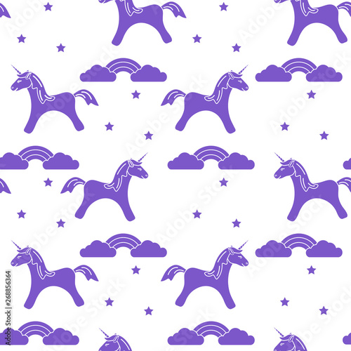 Pattern with magic unicorn, stars, clouds, rainbow