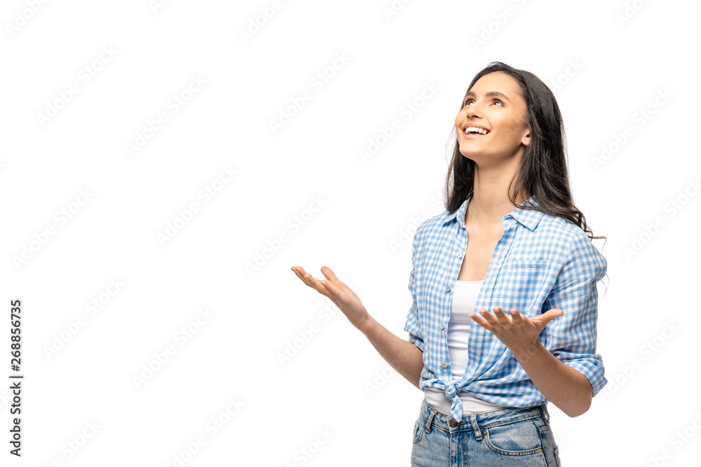 happy girl looking up and gesturing with hands Isolated On White happy girl looking up and gesturing with hands Isolated On White