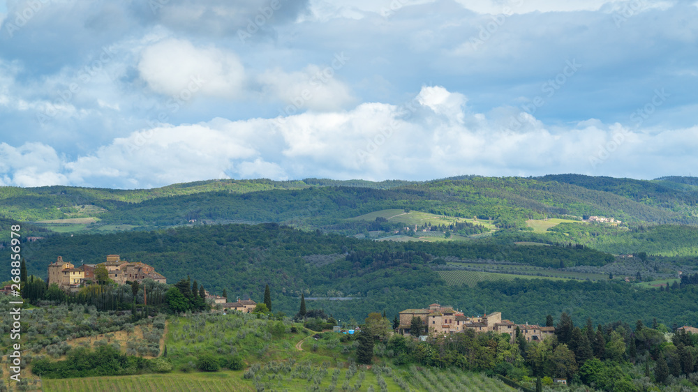 Landscape of Tuscany: hills, farmhouses, olive trees, cypresses, vineyards. The hills of Chianti south of Florence