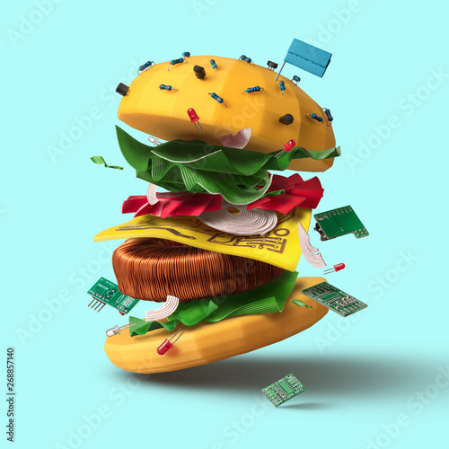Big burger as the symbol, made from technological elements with laconic accents of electronic informational details on blue background. Concept of technologic start-ups in a modern american culture.