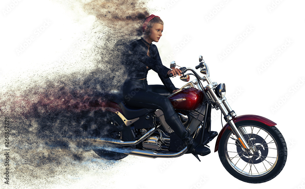 3d rendering of girl rider on motorcycle isolated on white background .simulating speed 