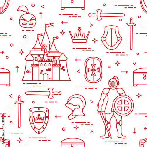 Pattern with knight, castle, swords and other. © aquamarine_paint