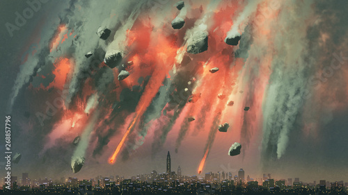 sci-fi scene of the meteorites explodes in the sky above the city, digital art style, illustration painting photo
