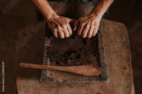 Mayan Grinding Cacao Beans to Make Chocolate photo