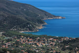 Isola d'Elba, veduta aerea di Marina di Campo. Livorno, Toscana, Italia