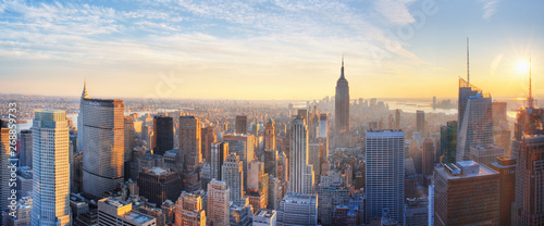 Panoramic view of Empire State Building and Manhatten at sunset. New York city. New York. USA