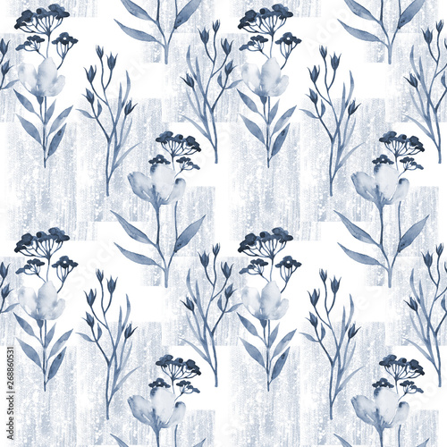 Blue floral seamless pattern with weeds and wildflowers © elenavic