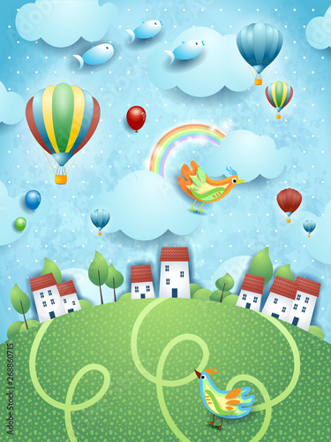 Fantasy landscape with villages, balloons and flying fishes