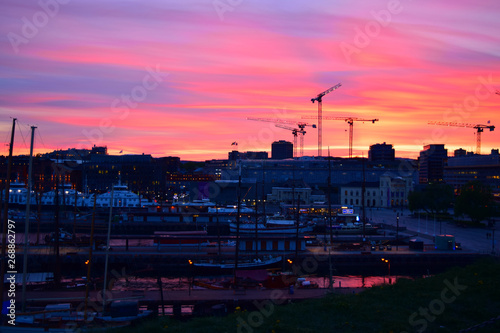 Photography sunset at marina in Oslo Norway red color
