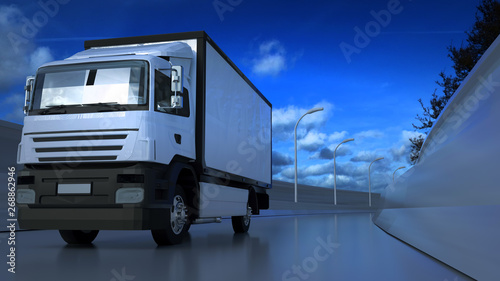 3D illustration of white truck moving on highway in sunny summer day