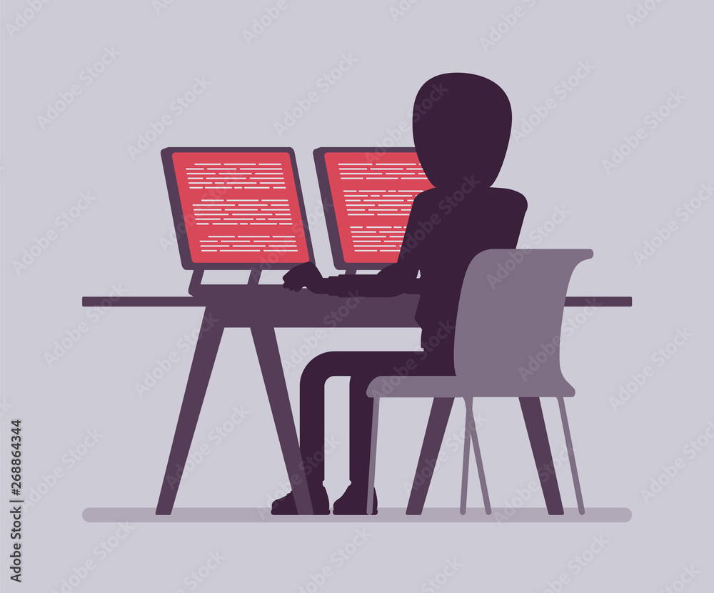 Anonymous man with hidden face at computer. Hacker dark body, covered with hood, online person not identified by name, unknown faceless user with evil intentions. Vector illustration, rear view