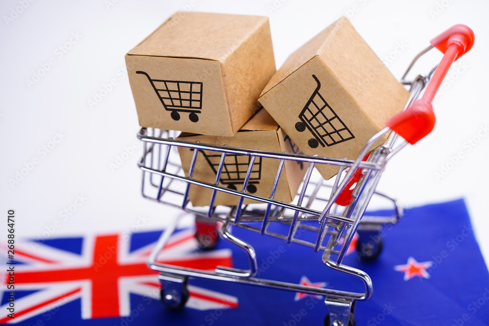 Box with shopping cart logo and New Zealand flag : Import Export Shopping online or eCommerce delivery service store product shipping, trade, supplier concept.