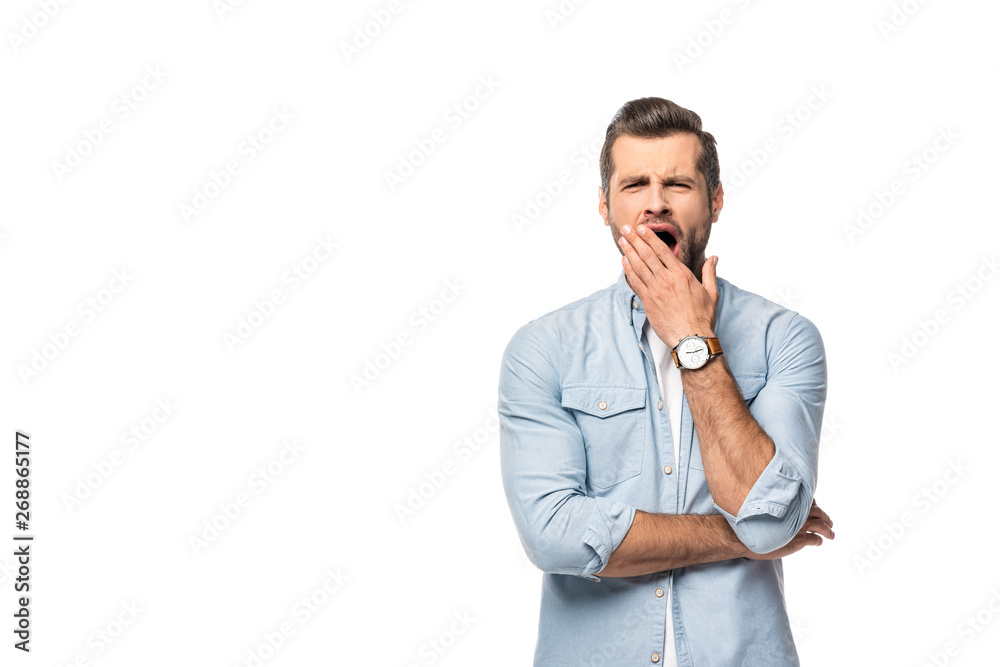 bored man yawning Isolated On White with copy space bored man yawning Isolated On White with copy space