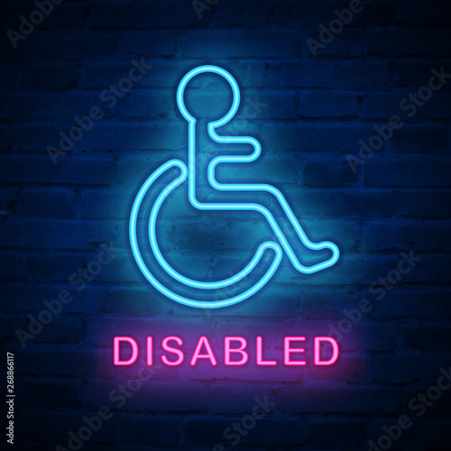 Vector illuminated neon light icon sign disabled wheel chair