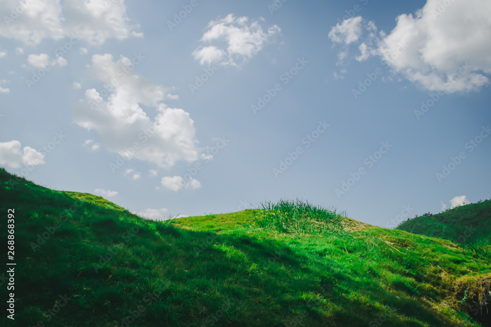 green grass field with mountain on blue sky background.