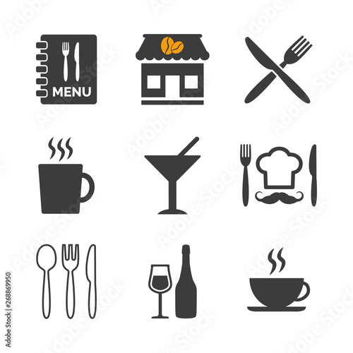 Restaurant and cafe icons set on white background.