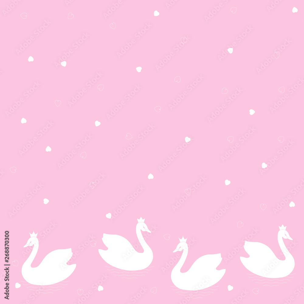 Swans. Seamless vector border pattern  of cartoons white birds on a colored background with hearts.